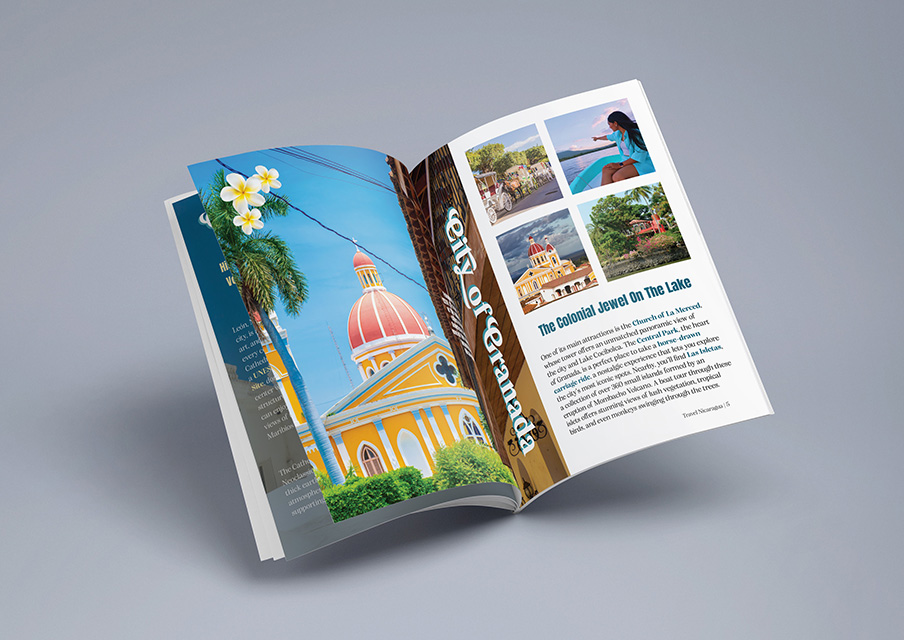 Mockup of a travel magazine spread highlighting Granada, Nicaragua, featuring editorial layout design with large feature imagery, supporting photo grid, and styled typography.